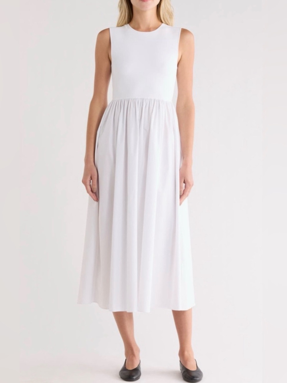 Theory Crew Neck A Line Dress Glossed Poplin Sleeveless White Midi Dress NEW P